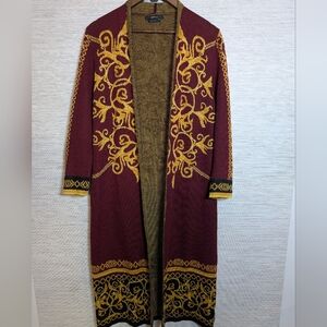Vertigo Paris Baroque Burgundy Gold Black Long Duster Sweater Cardigan Wool Blnd